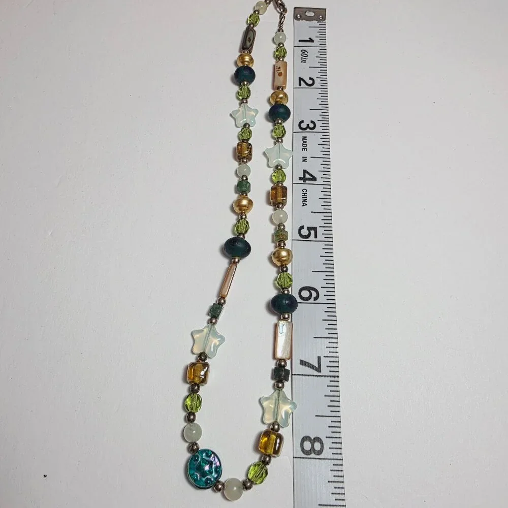 Beaded Necklace – Mixed Glass, Star Beads, Green & Gold Tones